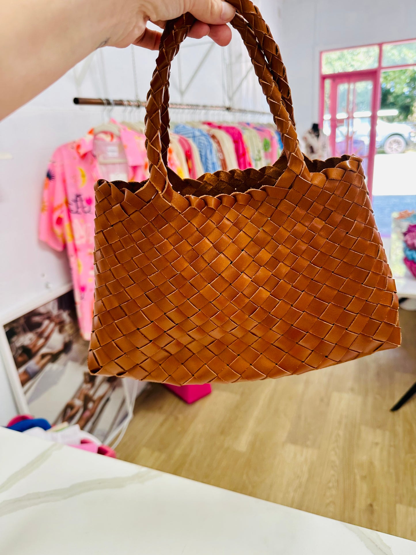 Hand woven leather bag